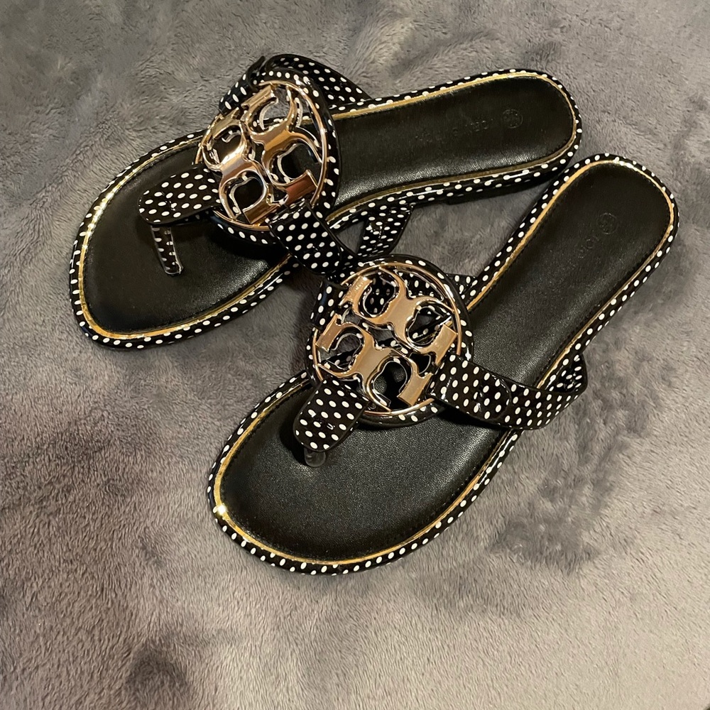 Black/white polka dot Tory Burch Miller sandals.